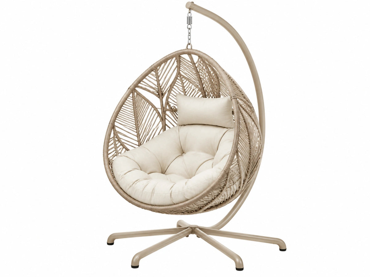 Hangstoel 105 x 105 x 195 cm - beige gevlochten kunststof met metalen standaard - boho schommelstoel