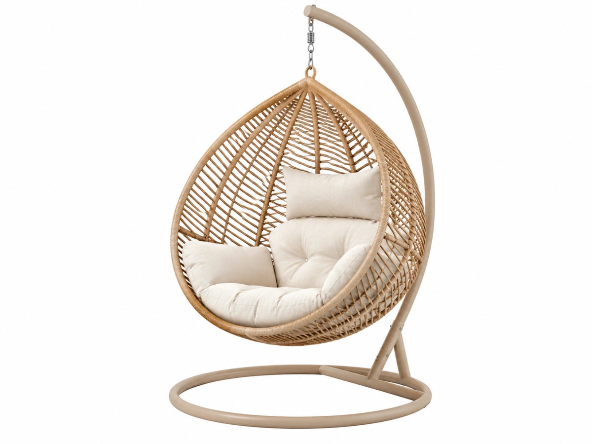Hangstoel 105 x 105 x 195 cm - kunststof rotan beige - vrijstaand met stalen standaard