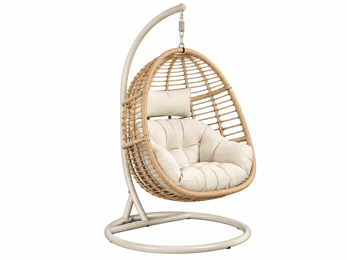 Hangstoel 105 x 105 x 195 cm staal en kunststof rotan beige - vrijstaand met zitkussen
