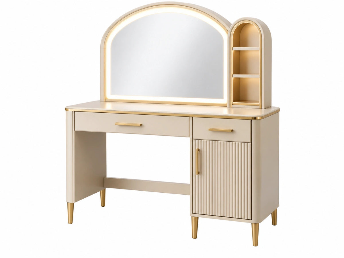 Kaptafel 120 x 50 x 140 cm crème goud met spiegel verlichting en opbergruimte