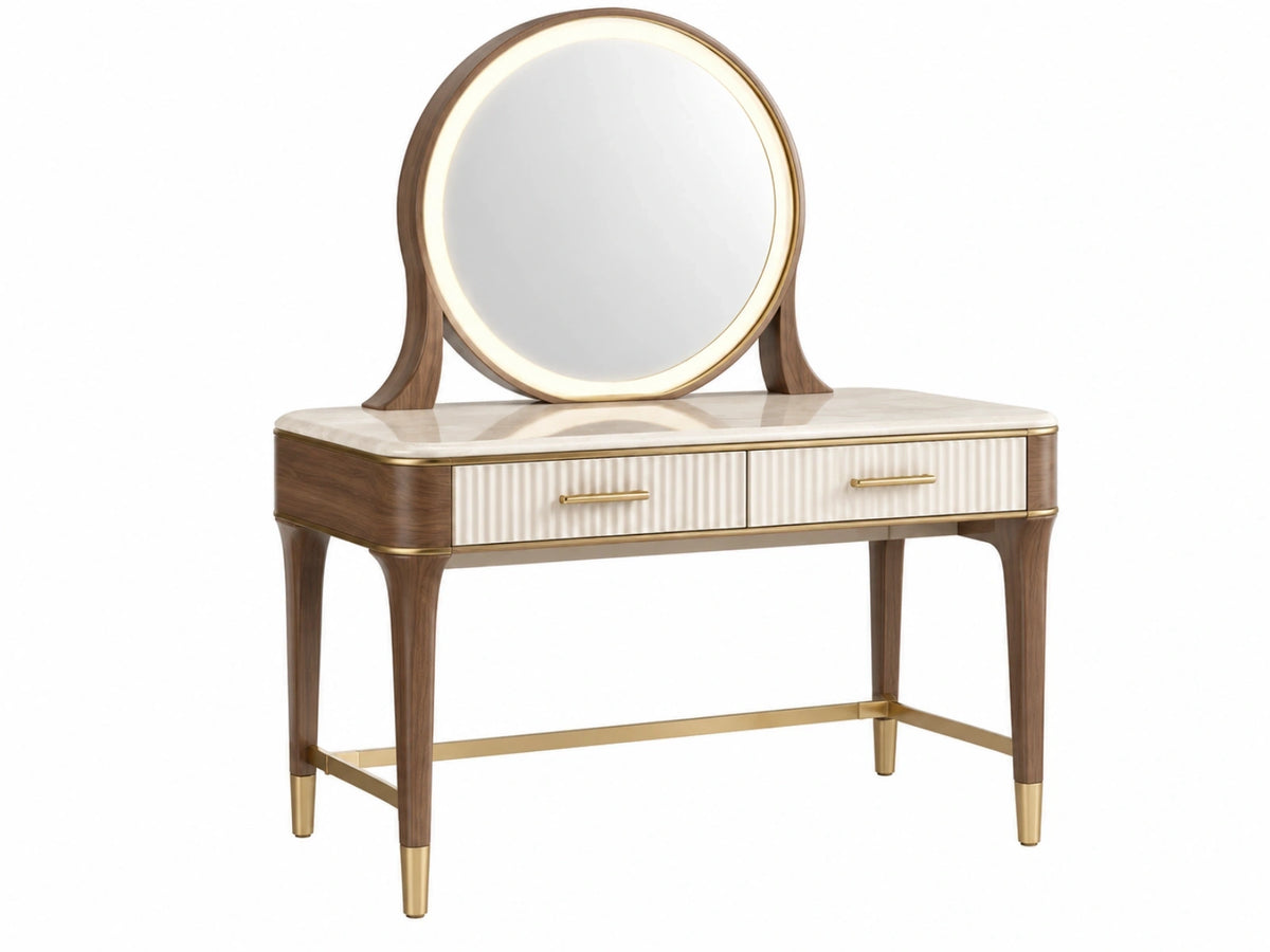 Kaptafelset 120 x 45 x 150 cm houtlook wit goud - ronde spiegel met lades