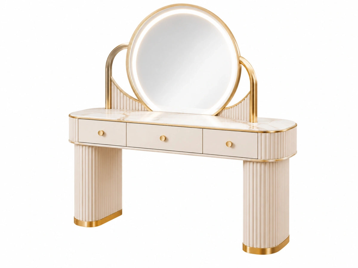 Kaptafel 120 x 45 x 145 cm crème en goud met spiegel en ledverlichting art-decostijl