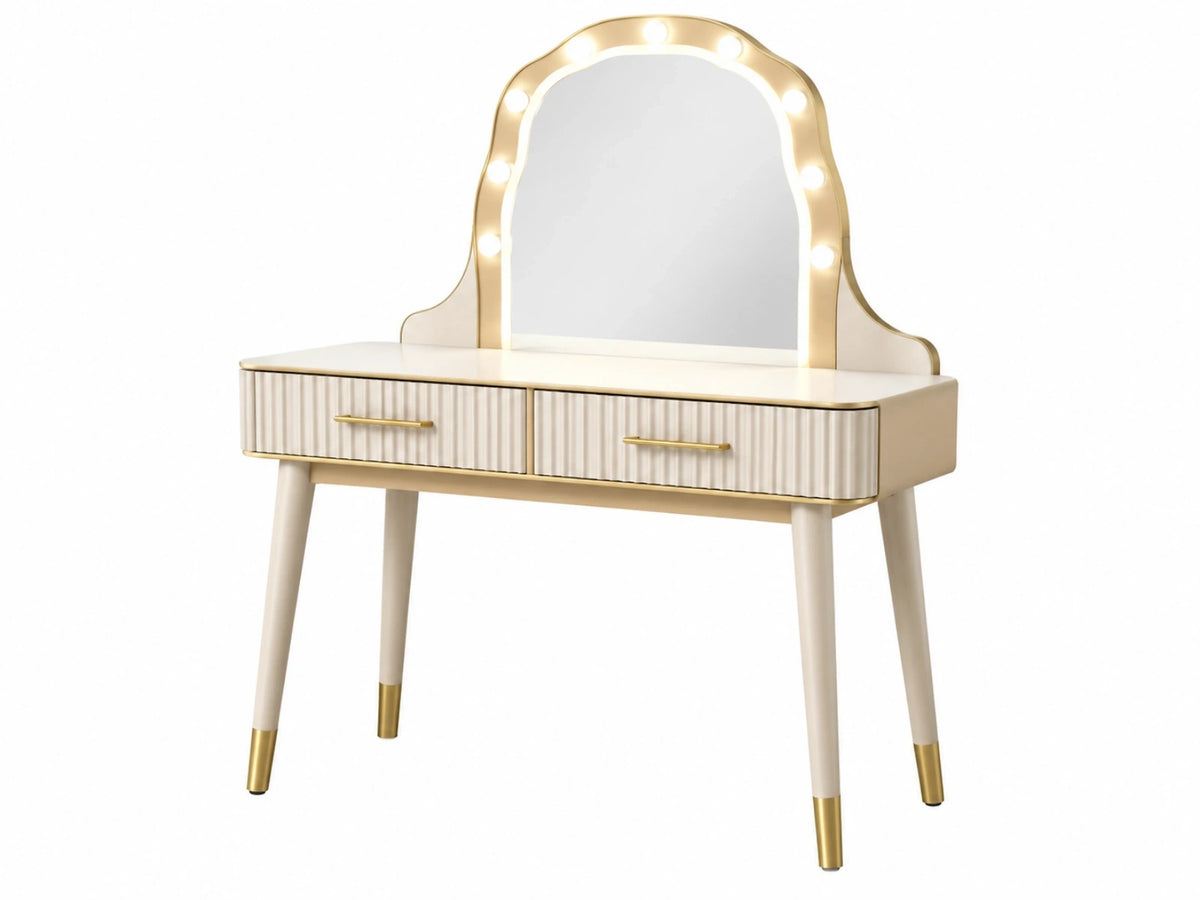 Kaptafel 100 x 40 x 150 cm crème en goud met spiegelverlichting en 2 laden