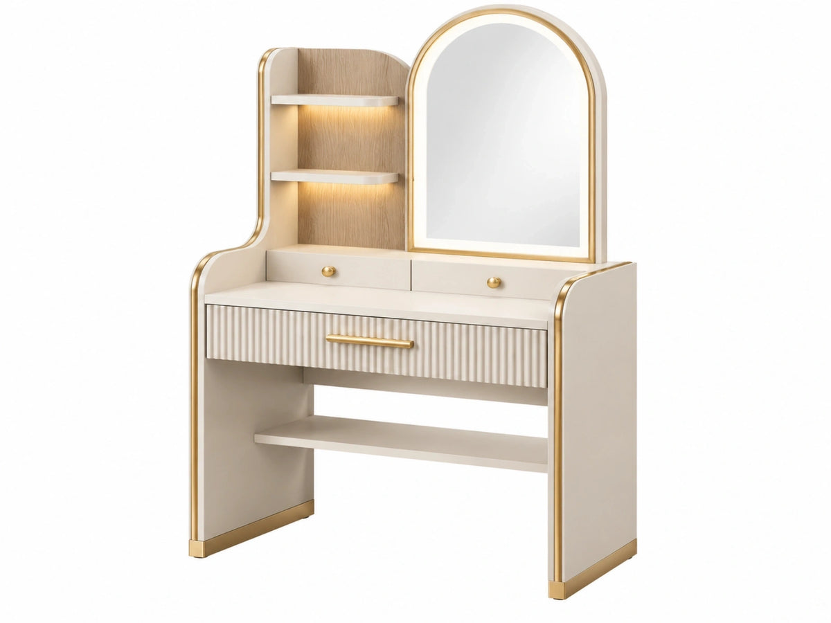 Kaptafel 100 x 45 x 150 cm houtlook wit goud met spiegel verlichting en laden