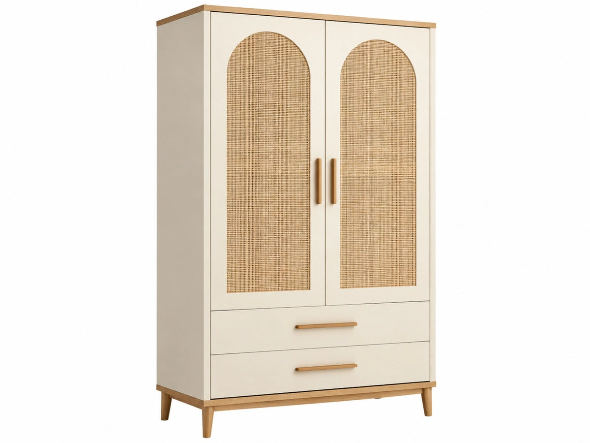 Kledingkast 80 x 50 x 180 cm crème hout en rotan met laden bohemien