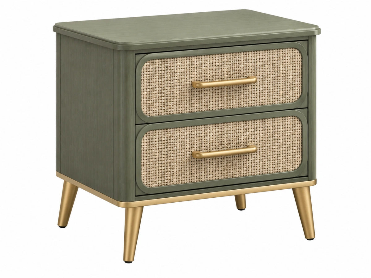 Nachtkastje 50 x 40 x 60 cm groen hout met rotanfront en 2 laden