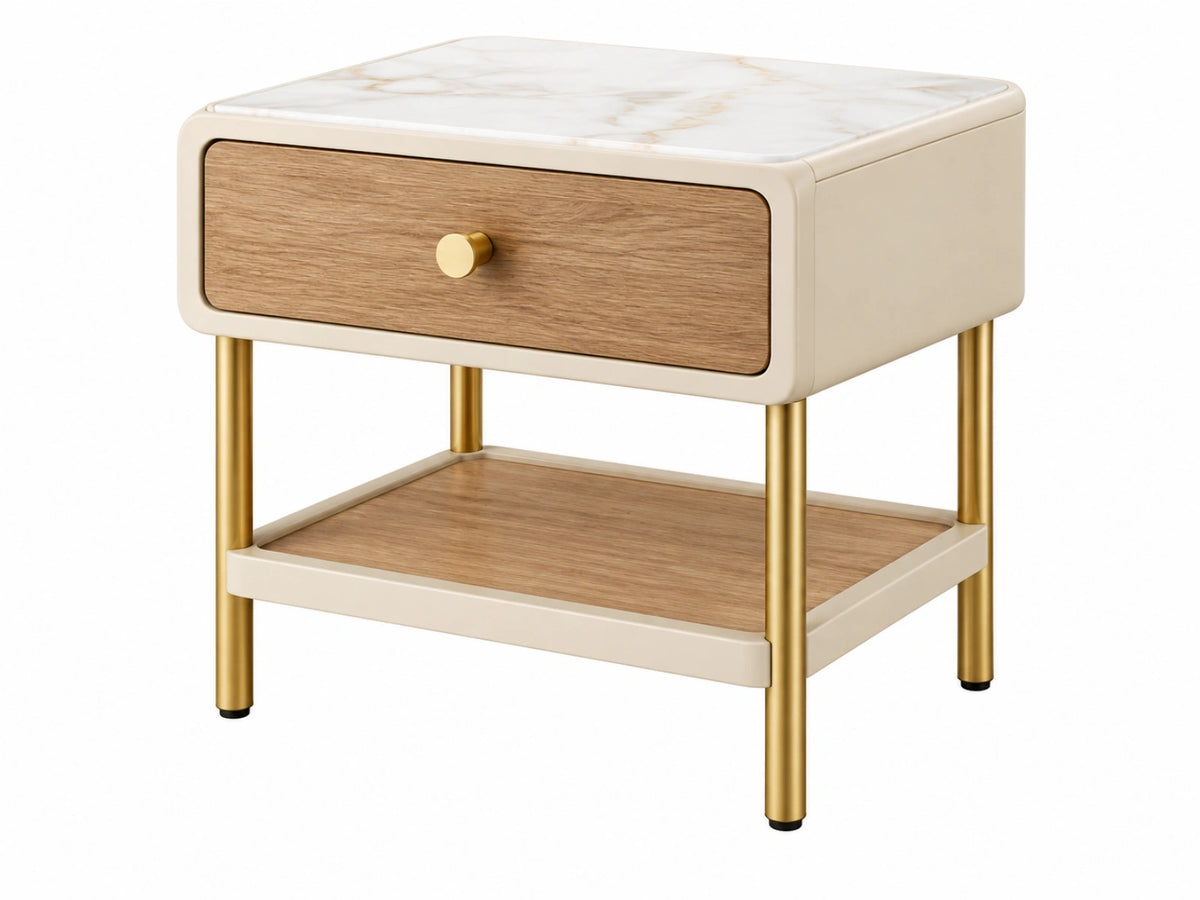 Nachtkastje 50 x 40 x 55 cm met lade en open vak in crème houtlook goudkleurig metaal