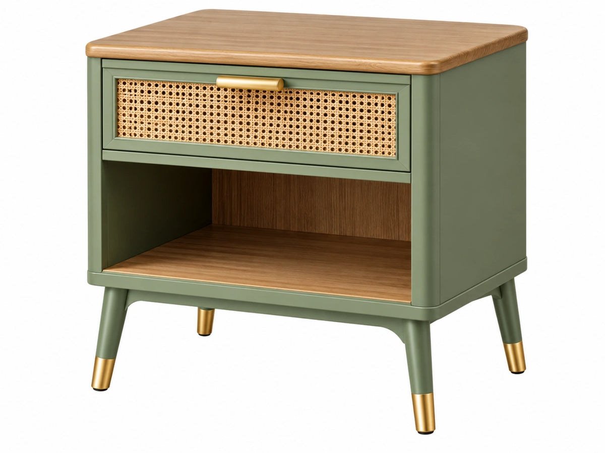 Nachtkastje 50 x 40 x 60 cm - groen hout met rotan - opberglade en open vak