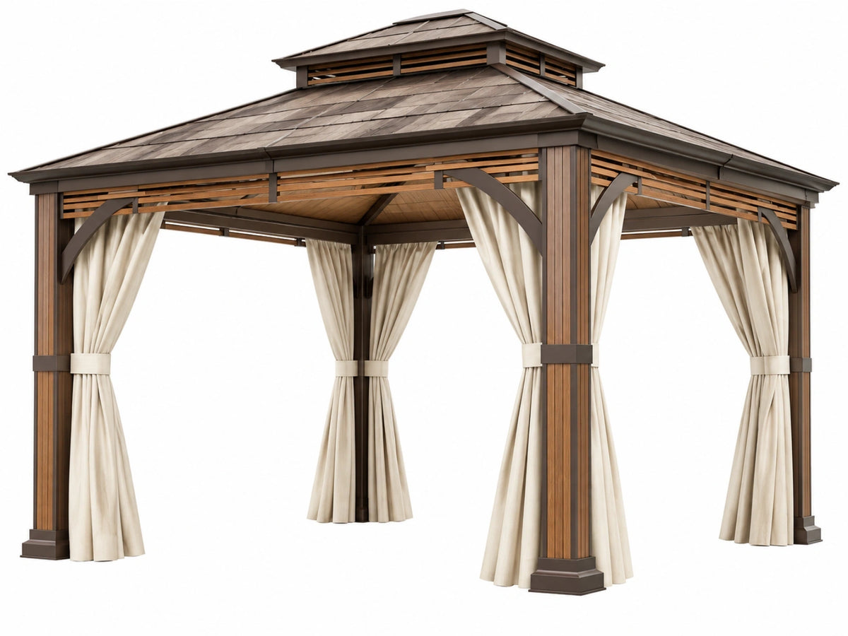 Paviljoen 300 x 300 x 300 cm hout bruin met beige gordijnen voor tuin