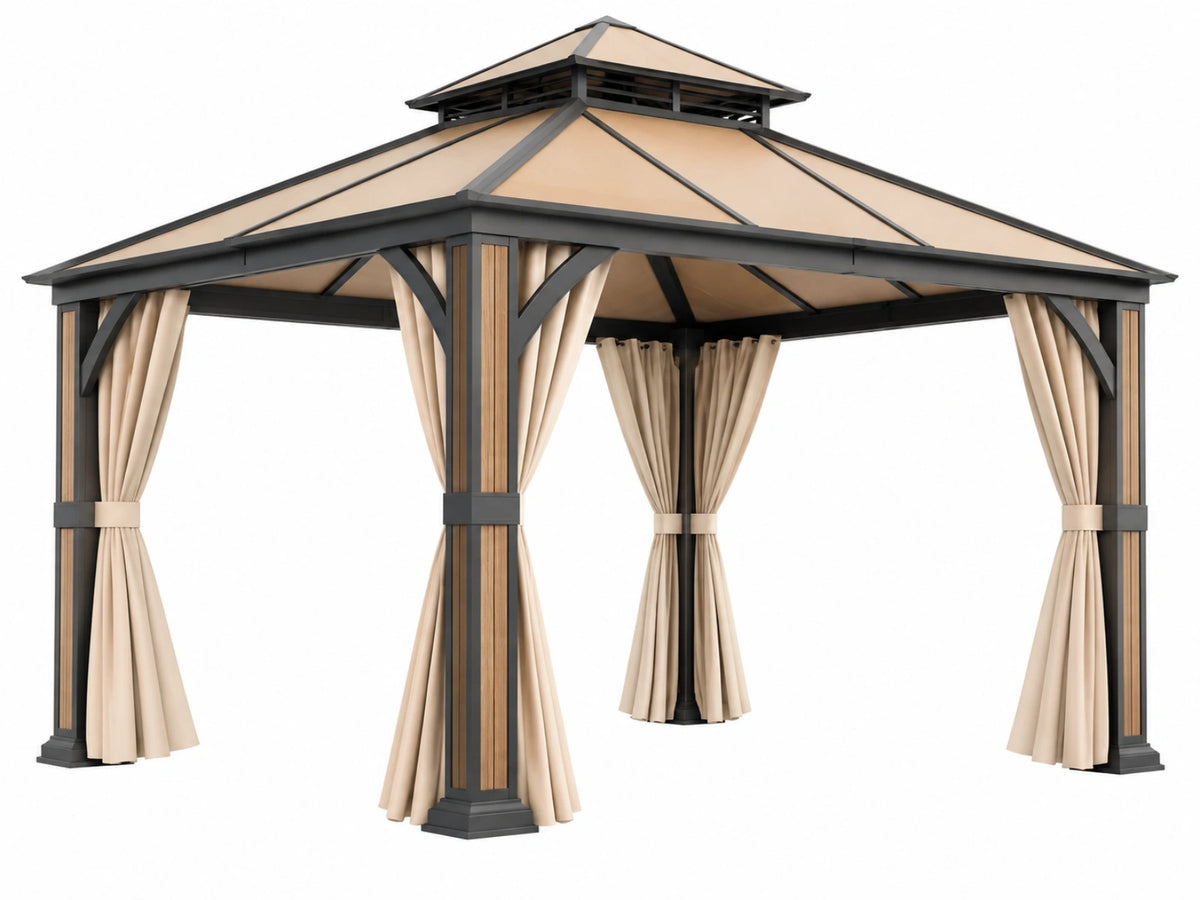 Paviljoen 300 x 300 x 290 cm zwart beige metaal polyester met gordijnen voor buiten