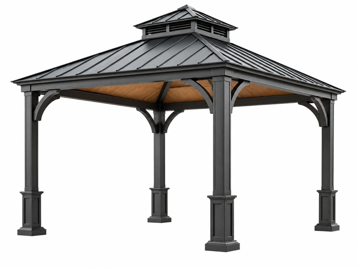 Tuinpaviljoen 400 x 400 x 300 cm zwart metaal met houten plafond klassiek