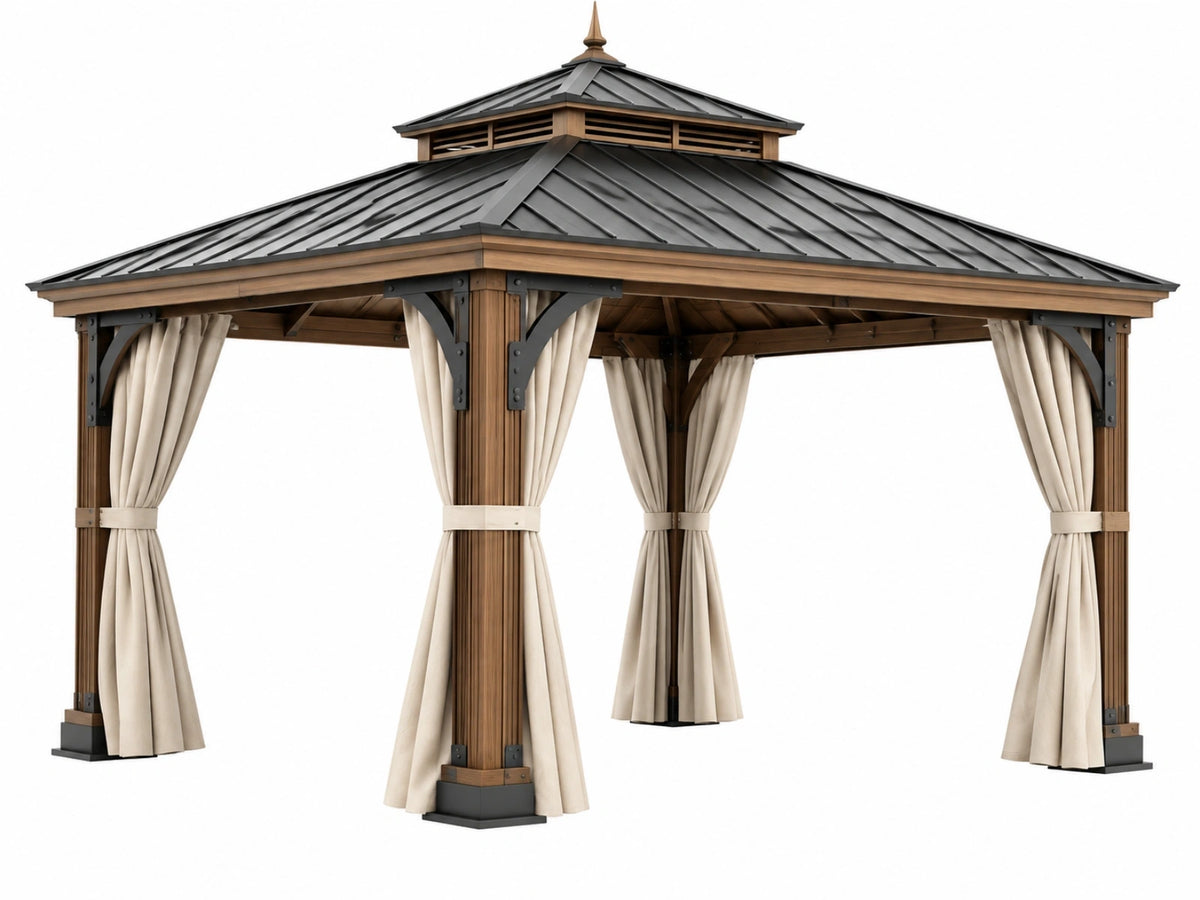 Houten tuinpaviljoen 300 cm x 300 cm - bruin met zwart metalen dak en beige gordijnen