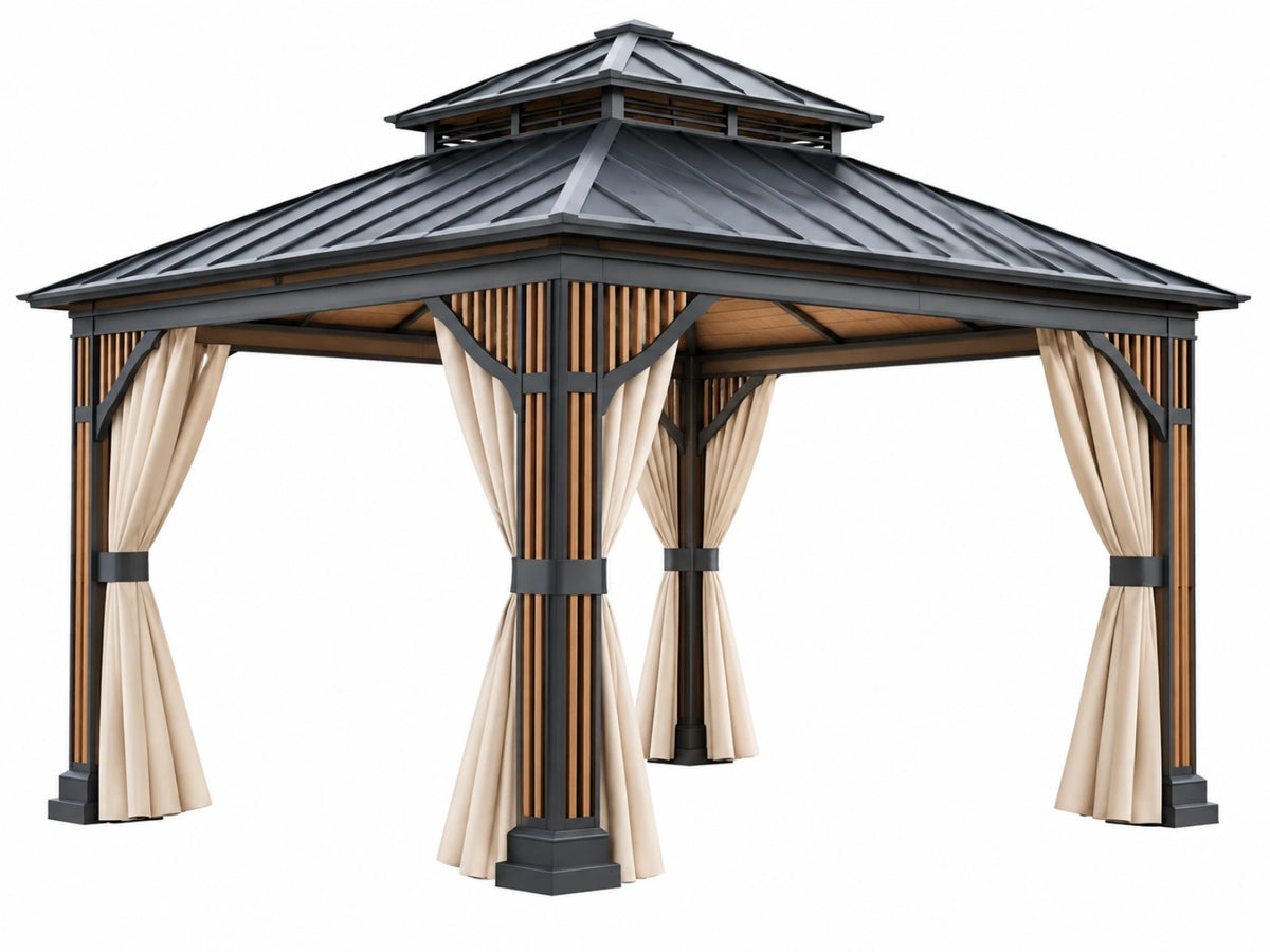 Paviljoen 400 x 400 cm zwart/bruin met metalen frame houten latten en beige gordijnen