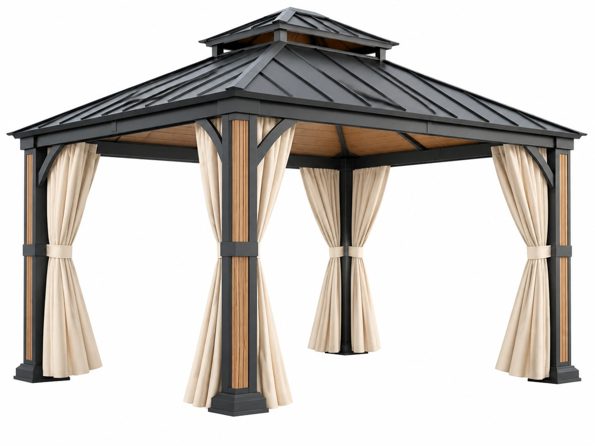 Tuinpaviljoen 300 x 300 cm van metaal zwart/beige met gordijnen - overkapping voor terras