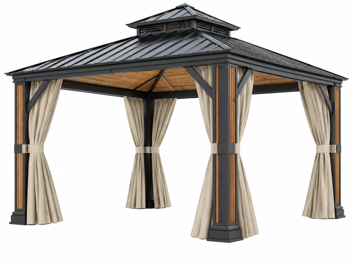 Tuinpaviljoen 400 x 400 x 350 cm - antraciet metalen dak met beige gordijnen