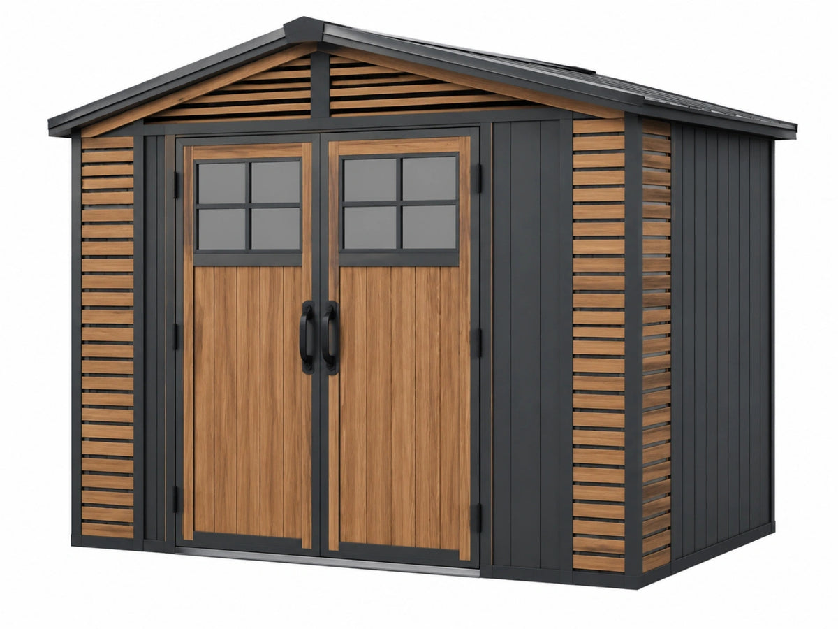 Tuinhuis 240 x 200 x 200 cm van staal antraciet/bruin met dubbele deuren
