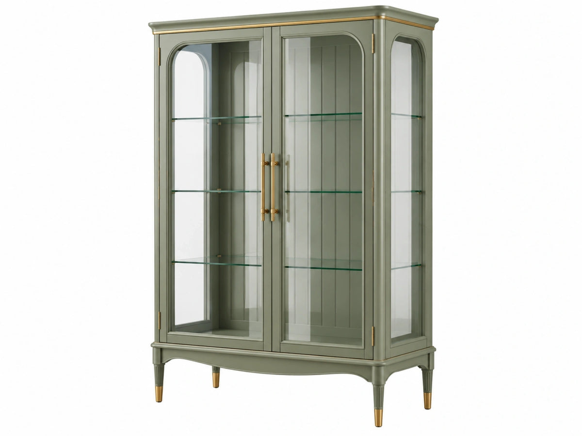 Vitrinekast 100 x 45 x 190 cm groen hout en glas met 2 deuren klassieke opbergkast