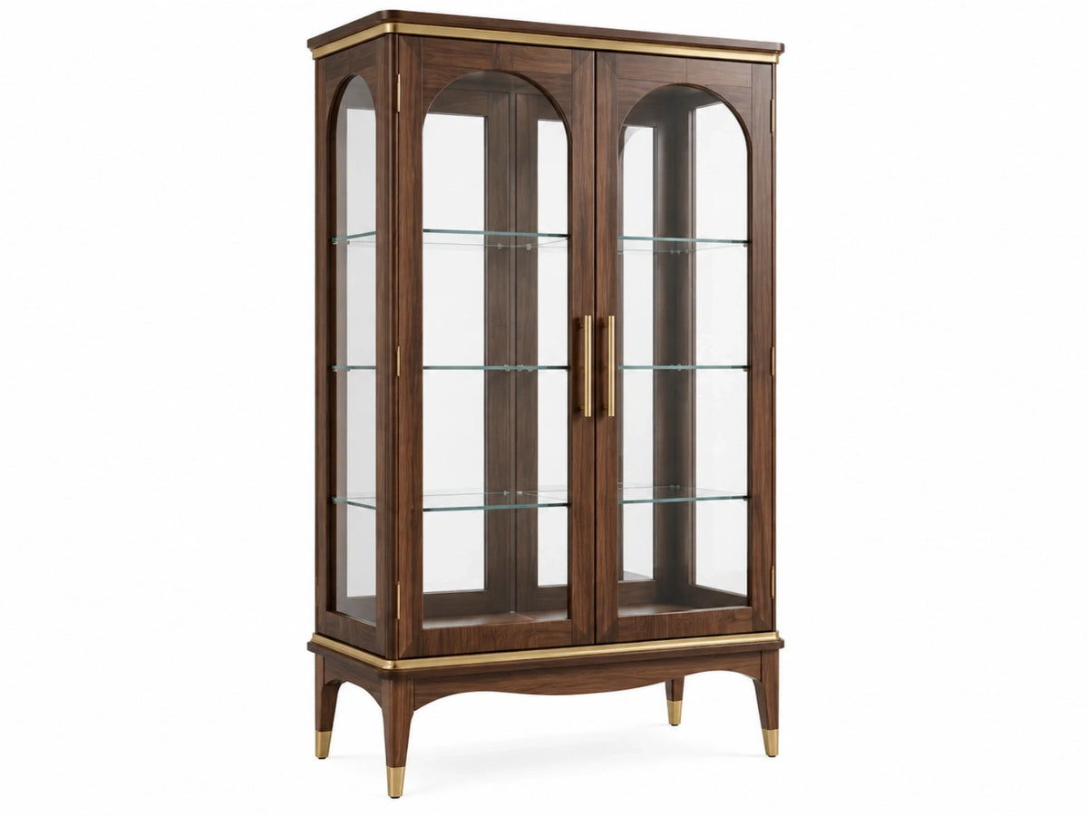 Vitrinekast 100 x 45 x 190 cm hout en glas donkerbruin goud klassiek